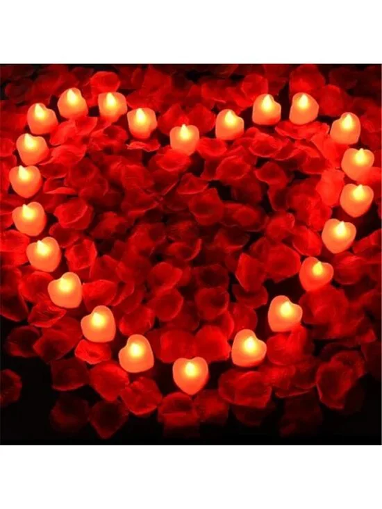 Red Rose Petals 2000 Artificial Flowers 24 LED Heart Candles Wedding Valentines