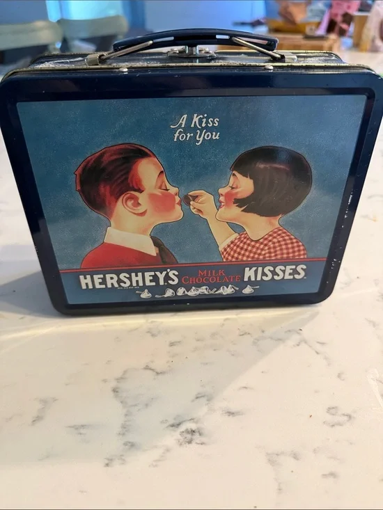 Vintage Blue 'A Kiss for You' Decorative Tin Lunchbox
