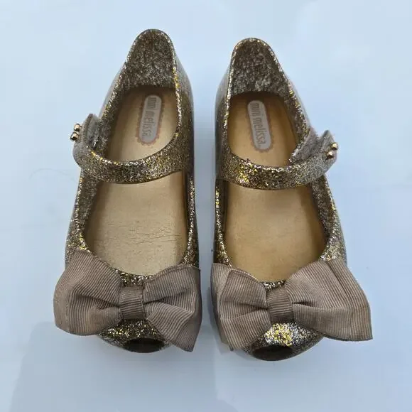 Mini‎ Melissa Shoes Toddler Girls 7 US Mary Jane Bow Peep Gold Glitter