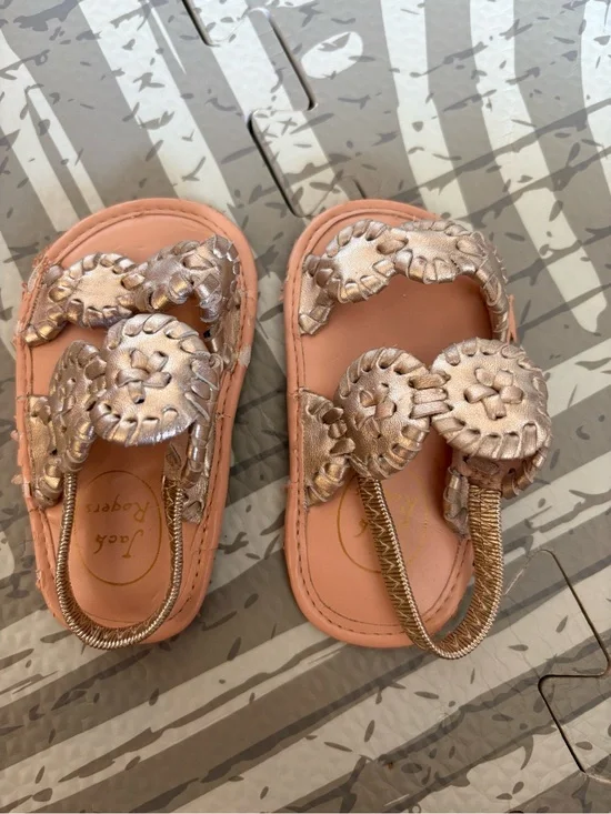 Jack Rogers Pink Toddler Sandals with Metallic Gold Flower Medallions