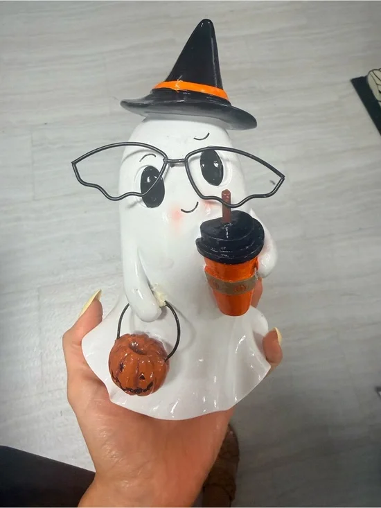 Cute Nerd Ghost Figurine Pumpkin Latte Glasses Halloween Summerween Decor