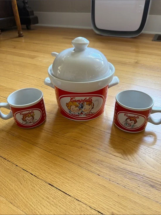 2004 Campbell's Red Ceramic Soup Pot with Lid and Two Matching Mugs