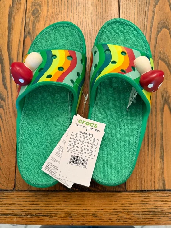 CROCS Kids Green Terry Cloth Slide with Rainbow Stripes & Red Mushroom Charms