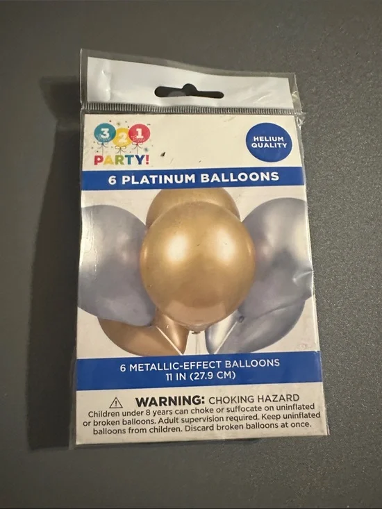 3-2-1 Party! Platinum Gold & Silver Metallic Balloons - 6 Pack