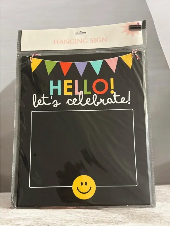 Hello! Let's Celebrate! Hanging Sign – Black with Multicolor Accents