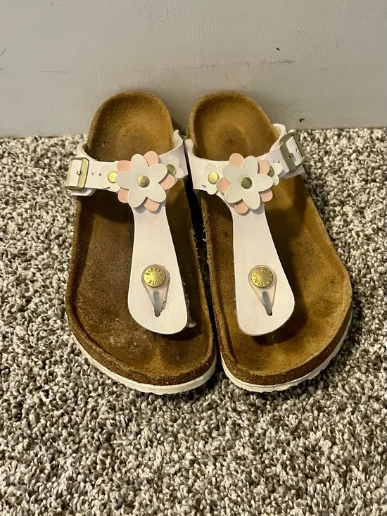 Birkenstock White T-Strap Sandals with Pink Flower Accents