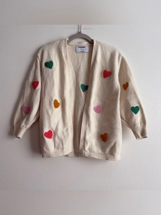 Old Navy Ivory Knit Open Front Cardigan Sweater Embroidered Hearts Girls 5T