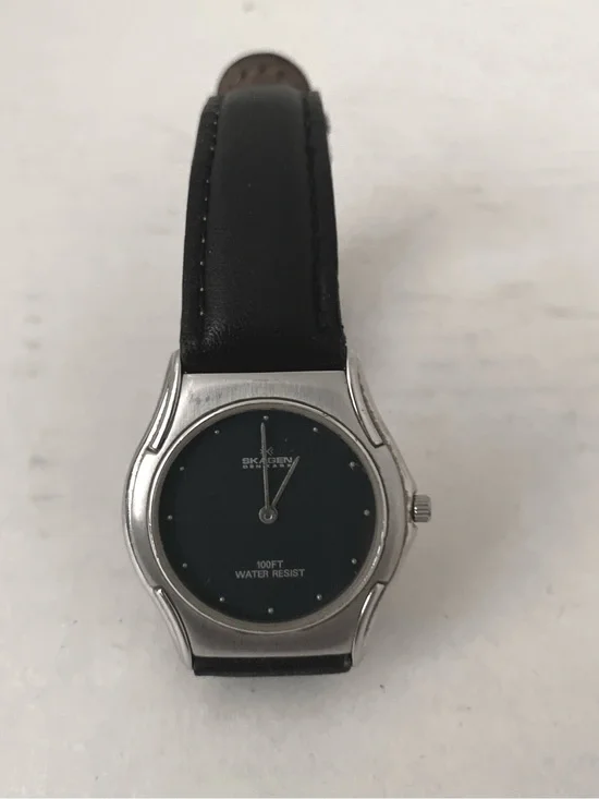 Skagen Unisex Quartz Silver Case Black Dial Watch with Black Leather Strap