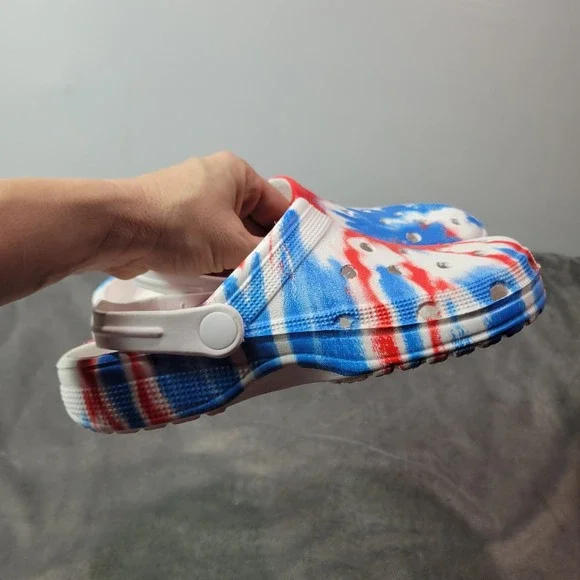 Patriotic Red White Blue Tie Dye Foam Clogs Mens 5/6 Womens 7/8 USA Summer Shoes