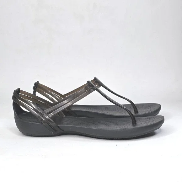 Crocs Isabella T-Strap Sandals Black Strappy Jelly Flat Slip On Shoes Women's 7