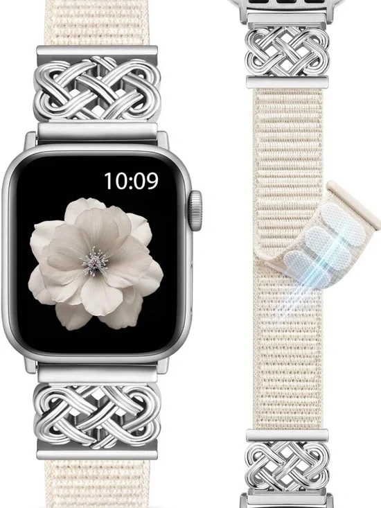 Premium Cream Nylon Loop Watch Band with Silver Celtic Links - 41/44mm