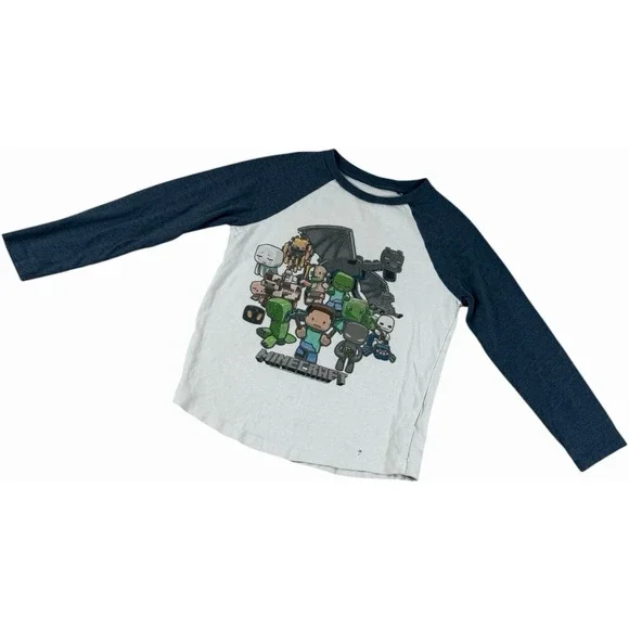 Old Navy Minecraft Graphic Raglan Long Sleeve T-Shirt Boys Size S 6-7 Blue Gray