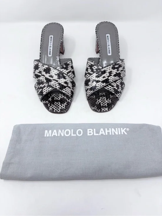 Manolo Blahnik Otawi Snakeskin Leather Crisscross Mule Sandal Black Cream 39.5