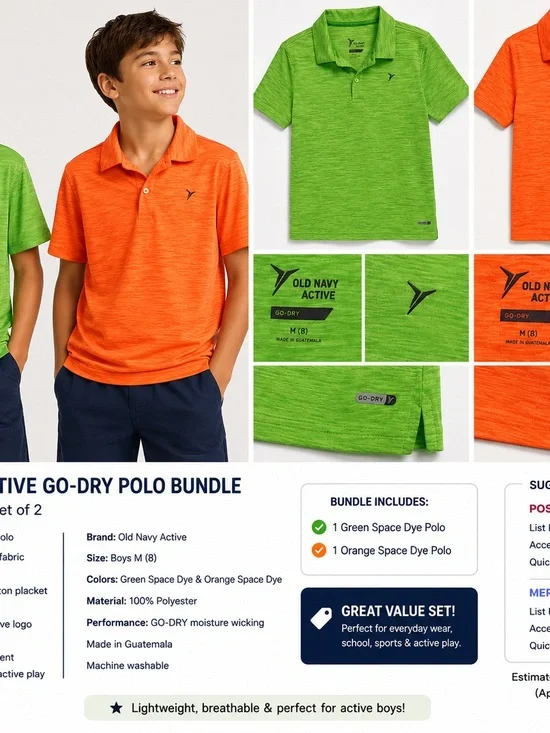 Old Navy Active Boys M 8 GO-DRY Performance Polo Shirts Green Orange Bundle 2