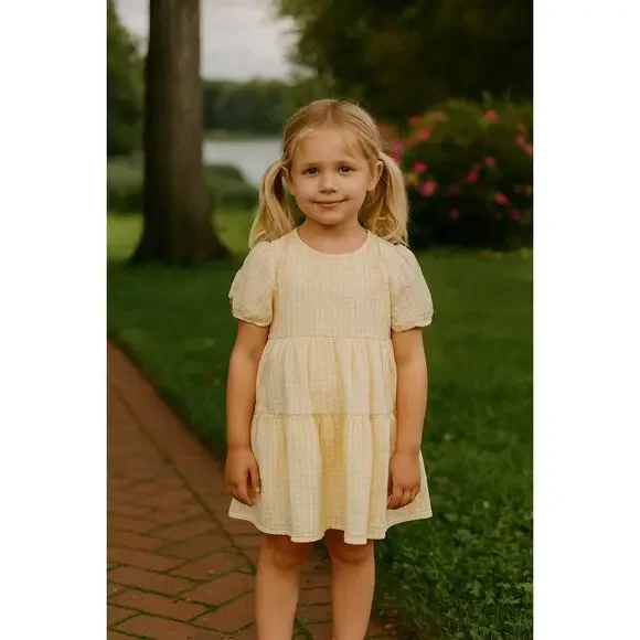 Yellow Gingham Puff Sleeve Dress for Toddler‎ Girls Size 6-7