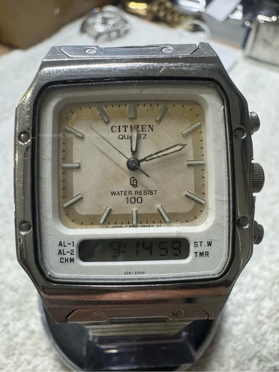 Citizen Two-Display Stainless Watch with Cream Dial and Silver Case