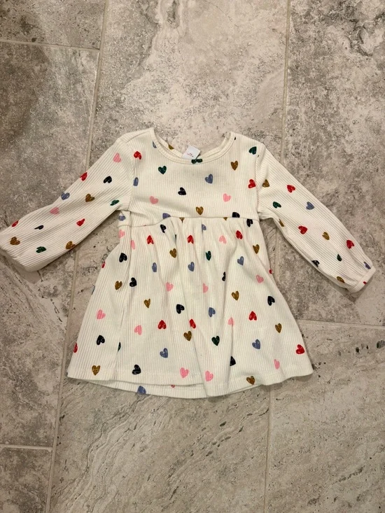 Old Navy Cream Ribbed Long-Sleeve Dress with Multicolor Hearts