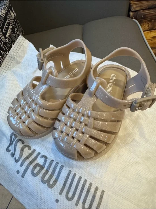 Mini Melissa Girls' Sparkle Nude Woven Jelly Sandals