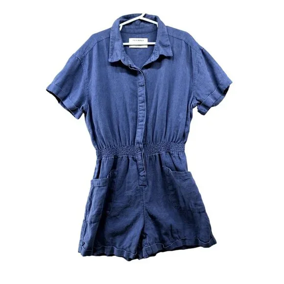 Old Navy Girls Size L‎ 10-12 Linen Blend Utility Romper Blue Short Sleeve