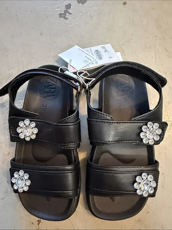 Zara Black Crystal Flower Strap Sandals Brand new