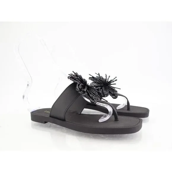 Larroude Hibiscus Sandals Slide Thong Size 6/7 Black Slip On Rubber Beach
