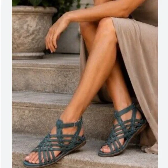 Antelope Rachel Leather Gladiator Sandals 40 9-9.5 Green Woven Strappy Flat