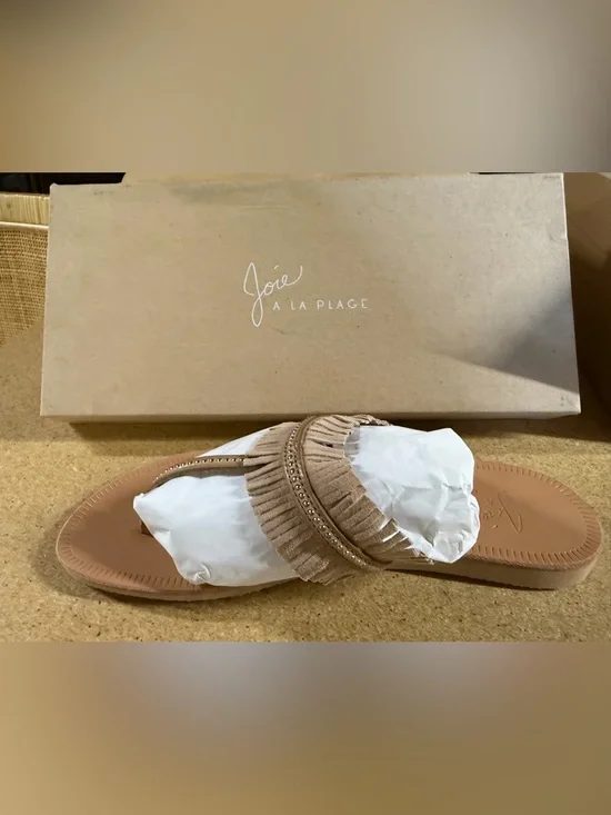 Joie Tan Fringe Suede Beaded Slide Sandal