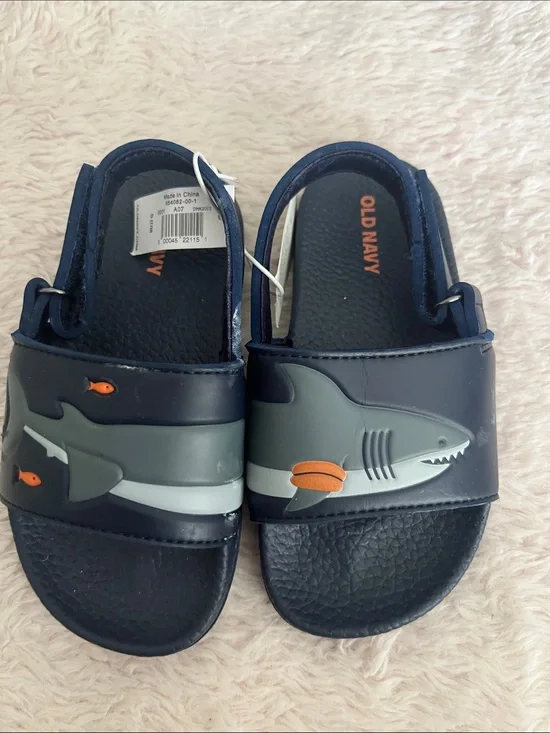 Old Navy Navy and Gray Shark Slide Sandals with Orange Accents
