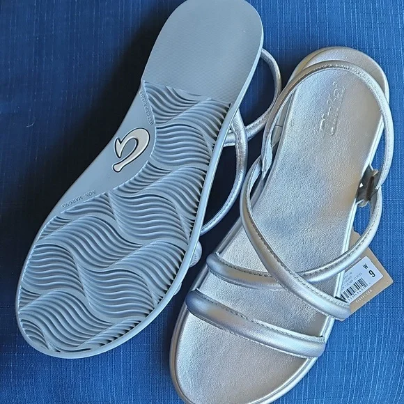 OluKai Tiare Leather Strappy Slingback Sandals In Silver Sz 10, EU 40
