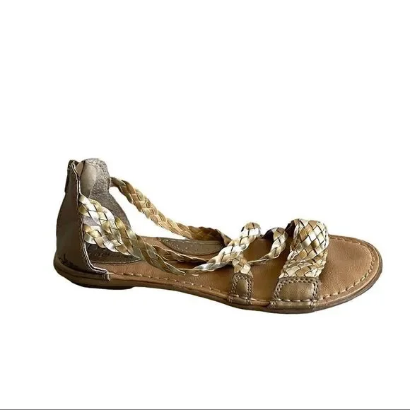 B.O.C BORN CONCEPT Metallic Gold Silver Woven Leather Flat Sandals 7