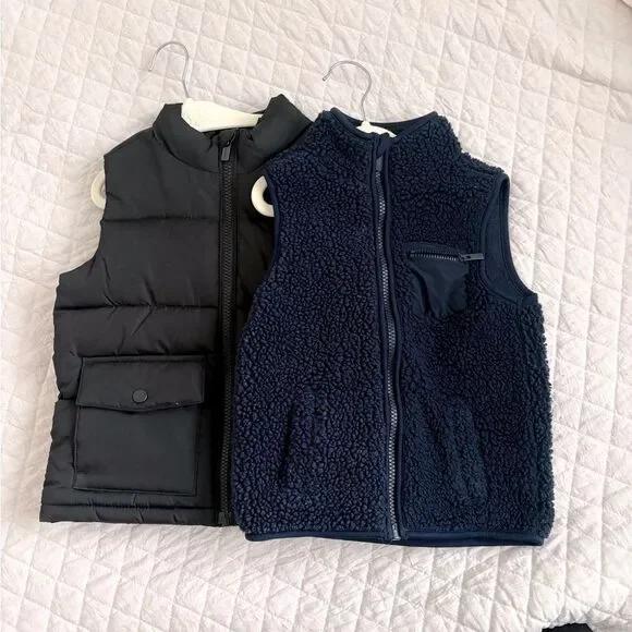 Old Navy Kids Black Puffer Vest + Navy Sherpa Vest Set