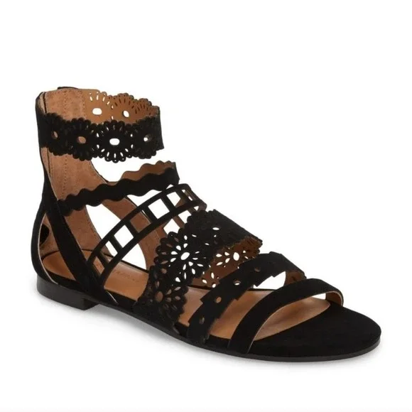 Rebecca Minkoff Black Suede Gladiator Sandal 7.5‎ Scalloped Boho Flat Festival