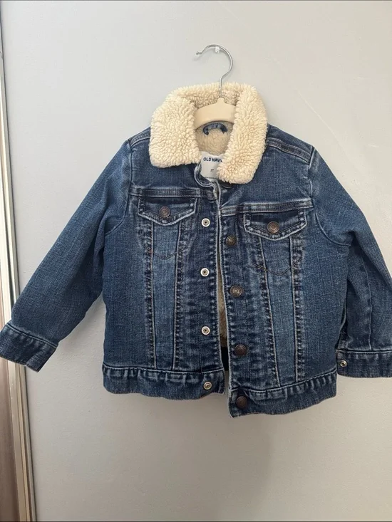 Old Navy Indigo Denim Jacket with Cream Sherpa Collar