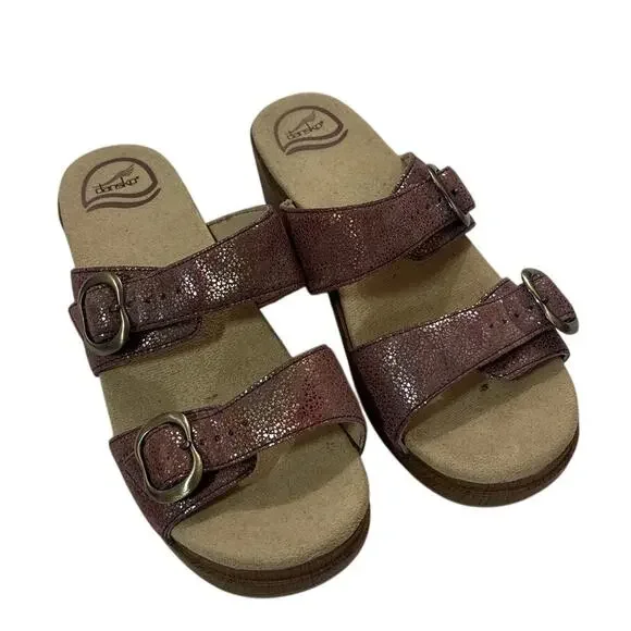 Dansko Womens 38 8 Sophie Iridescent Slide Sandal Buckle Strap Metallic Comfy
