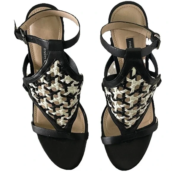 French Connection Linny‎ Ankle Strap Sandals Black White Stiletto Heel 3.75