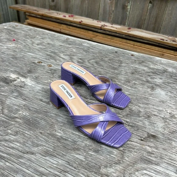 Steve Madden Women Gaia Block Heel Slide Sandals Size 6.5 Violet‎ Faux Leather