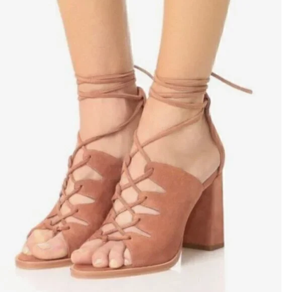Loeffler Randall sandals womens 8 Helene Brown Lace-Up Split Suede Sandals