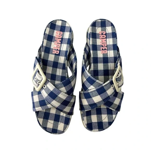 Camper Atonik Gingham Slide‎ Sandals Blue White Runs Small EU 37 US 7 NEW