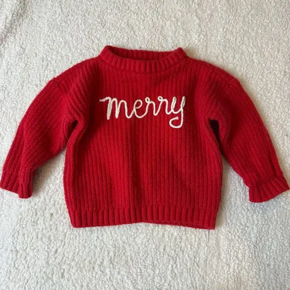 Old Navy 6-12 Months Merry Christmas Sweater Red White Embroider Baby Girl Boy