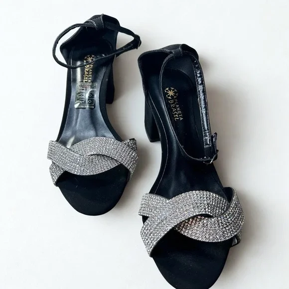 Planeta Brasil Women Black Rhinestone Block Heel Ankle Strap Sandals Size 37 6.5