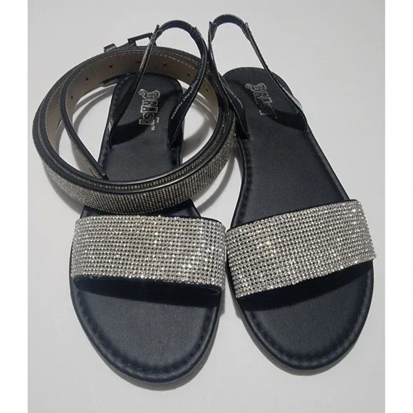 Brash Black Rhinestone Slingback Flat‎ Sandals and Matching Belt Set Sz 8 L Belt