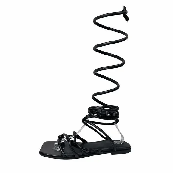 Frame Le Remi Women's Black Leather Straps Lace Up Square Toe Flats Sandals 39.5