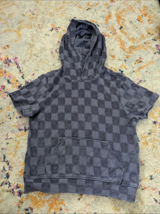 Old Navy Gray Checkered Short-Sleeve Hooded Towel Top
