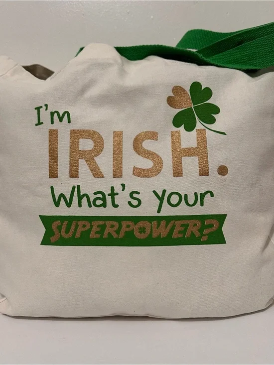 I'm Irish, what’s your superpower?”Large Canvas Tote Bag - Green and Gold