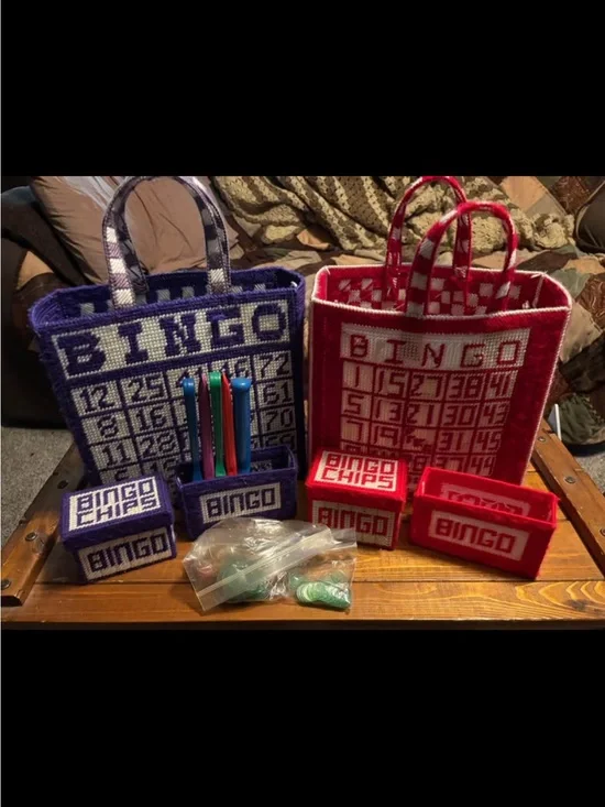Handmade Bingo Tote & Accessory Set - Red and Purple