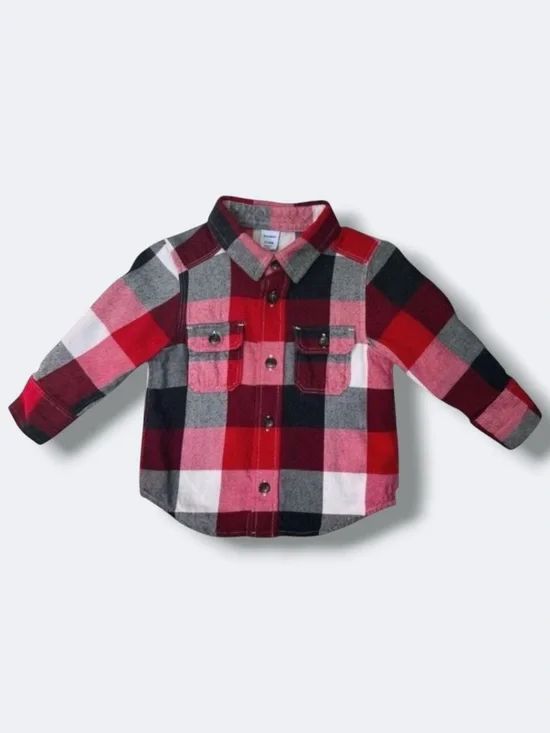 Old Navy Flannel Shirt Boys 12-18M Red Plaid Cotton Long Sleeve Button