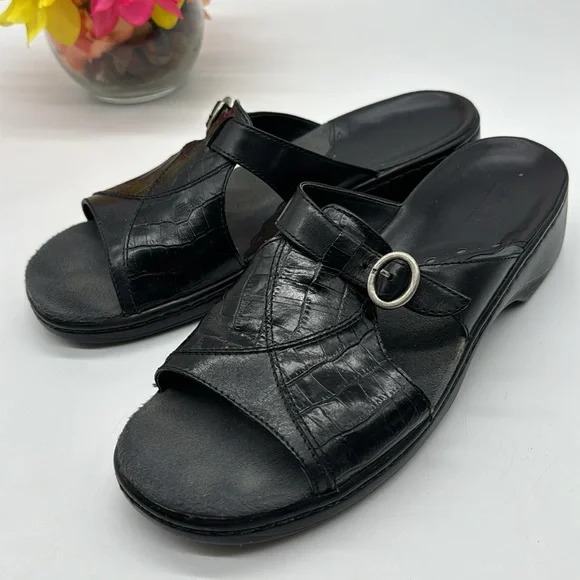 Clarks Black Leather Slide Sandals with Silver Buckle