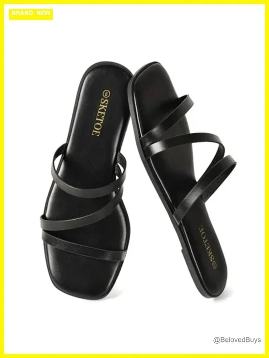 Women's Square Toe Strappy Flat Sandals Faux Leather Slip-On Comfort