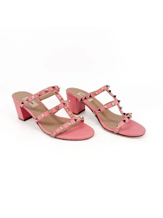 Valentino Rockstud Cage Block Heel Mule Sandals Pink Leather Size 38 US 8
