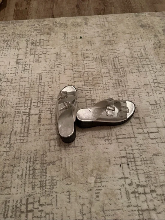 SHEIN Metallic Silver Double Buckle Slide Sandals